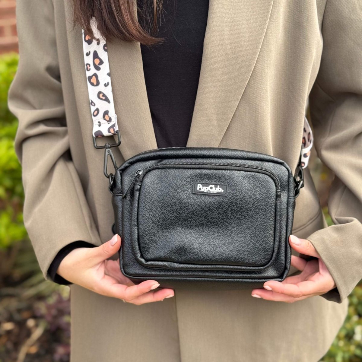 crossbody dog walking bag - black vegan leather - Pupclub Couture