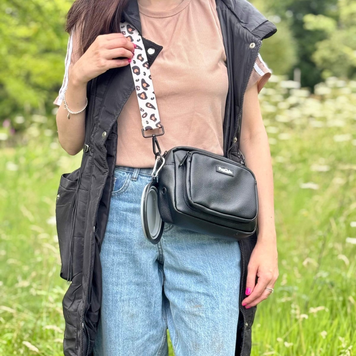 crossbody dog walking bag - black vegan leather - Pupclub Couture