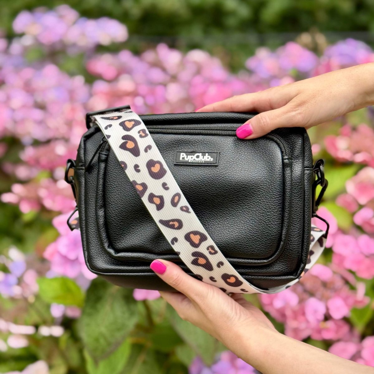 crossbody dog walking bag - black vegan leather - Pupclub Couture