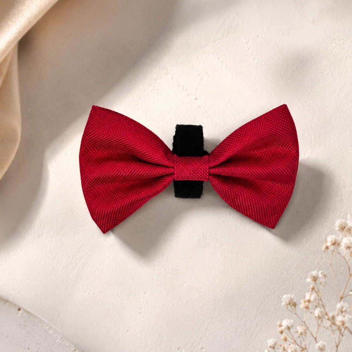 A red dog bow tie, displayed on a textured off-white surface with soft shadows and decorative dried flowers in the corner.