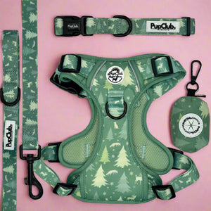 Evergreen Trails dog harness collection including no pull dog harness, lead, collar, and poo bag holder - PupClub Couture