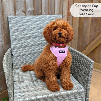 cockapoo puppy wearing pink adjustable dog harness from Pupclub couture