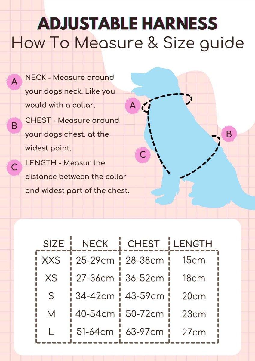 Adjustable harness size guide - pupclub couture