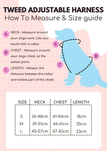 tweed adjustable harness size guide pupclub couture