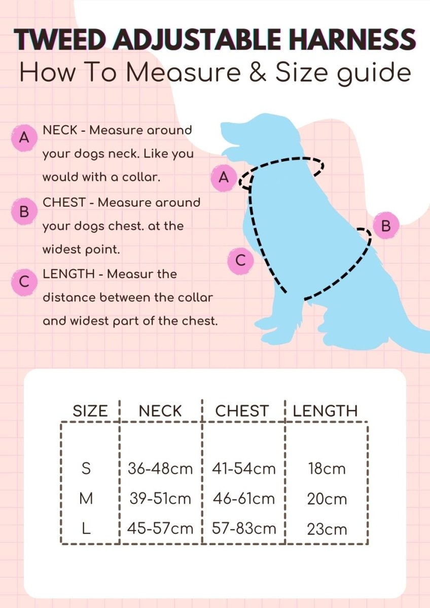 Tweed Adjustable harness size guide Pupclub coutre