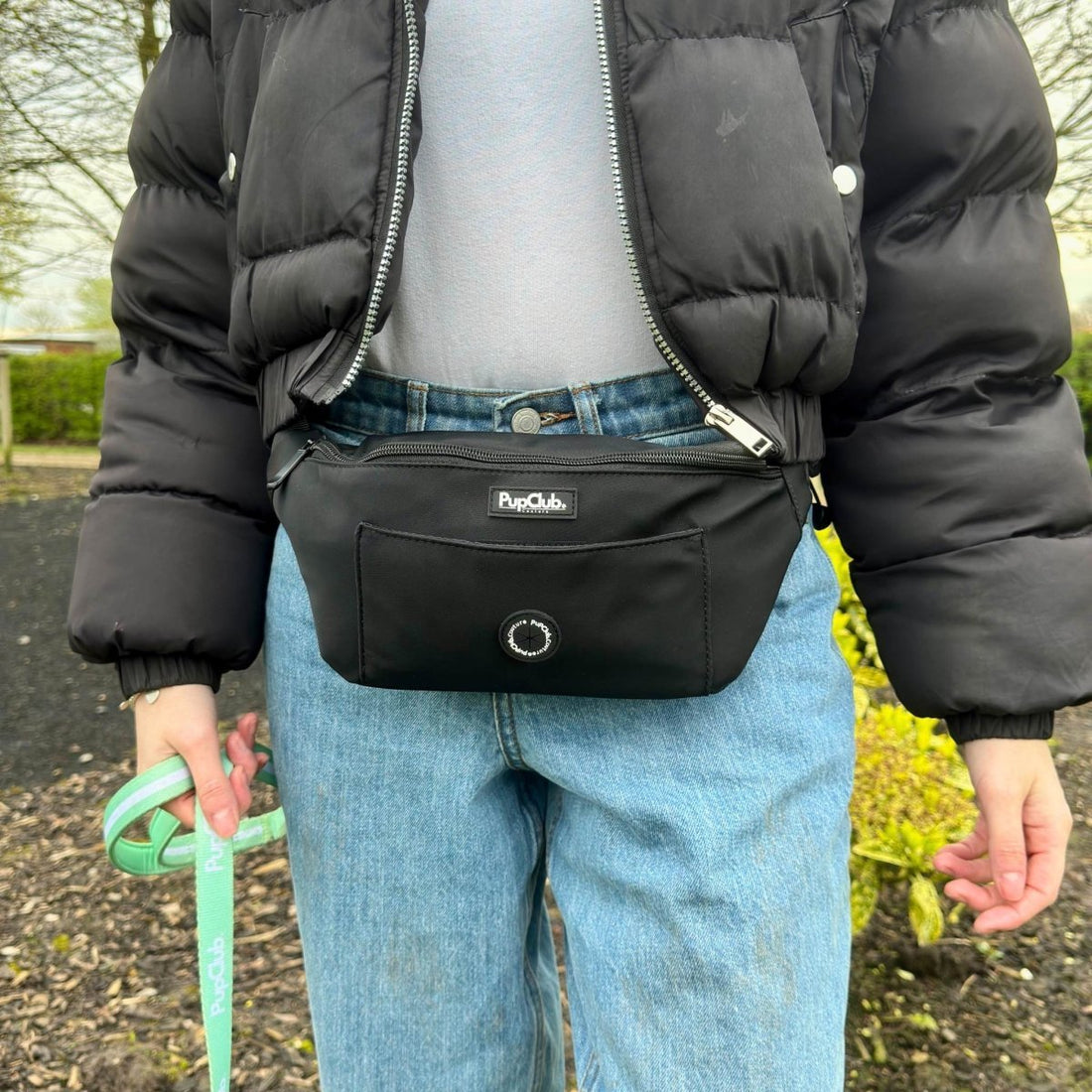 Dog walking bum bag in black — hands-free UK dog walks 2026
