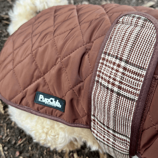 Dachshund-shaped dogs need coats sized on back length - quilted dog coat in Foxbury Plaid