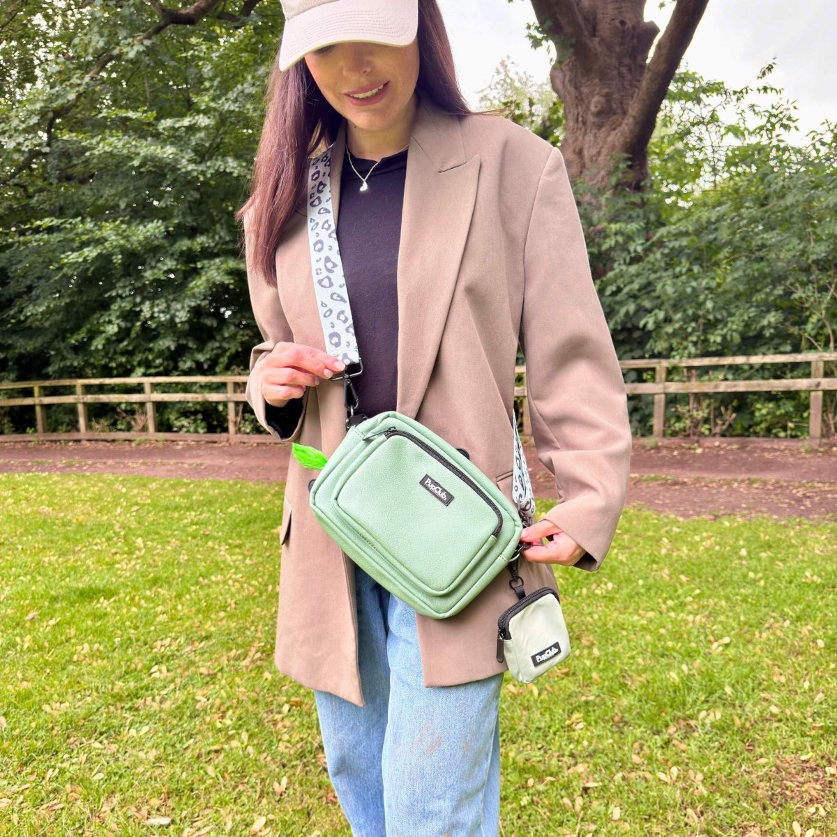 crossbody dog walking bag - Sage Green vegan leather - Pupclub Couture