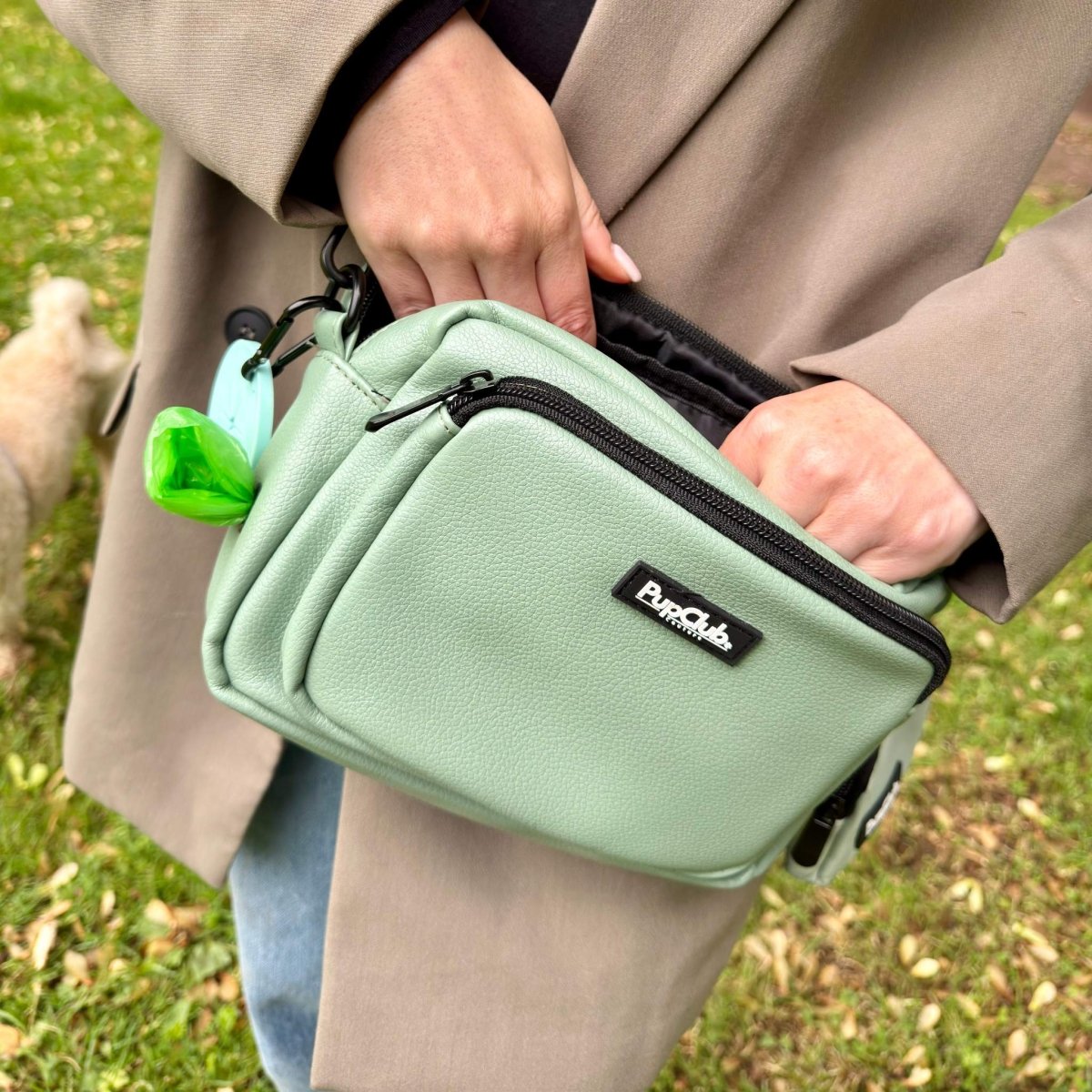 crossbody dog walking bag - Sage Green vegan leather - Pupclub Couture