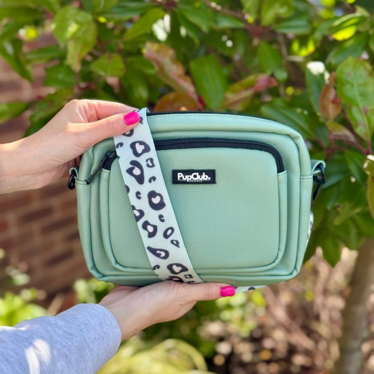 crossbody dog walking bag - Sage Green vegan leather - Pupclub Couture