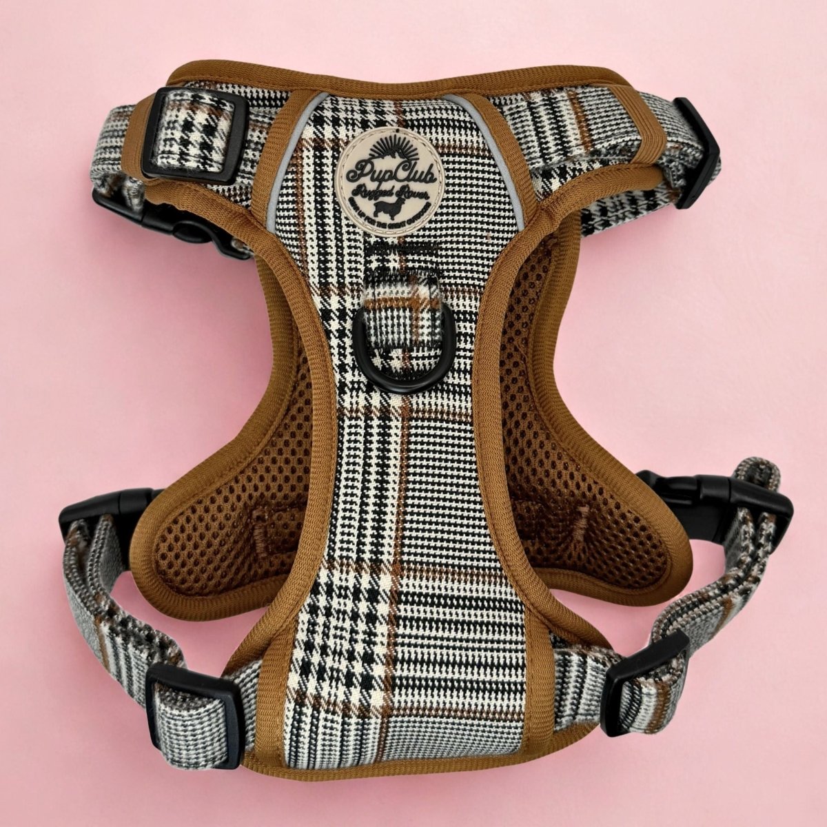 No Pull Dog harness with plaid pattern and brown accents - PupClub couture