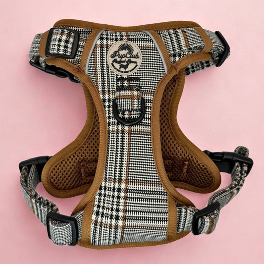 No Pull Dog harness with plaid pattern and brown accents - PupClub couture