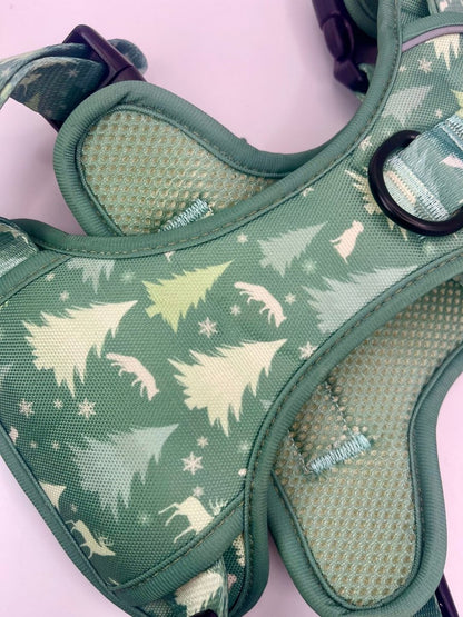 Green dog harness with nature-themed pattern on a green background - Pupclub Couture