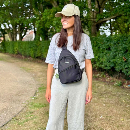 Woman Wearing Sling Dog Walking Bag Backpack - Black - Pupclub Couture
